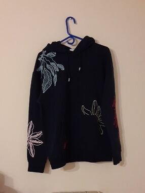 Scotch & Soda Black Hoodie Sweater with Multicolor Floral Embroidery Sz M